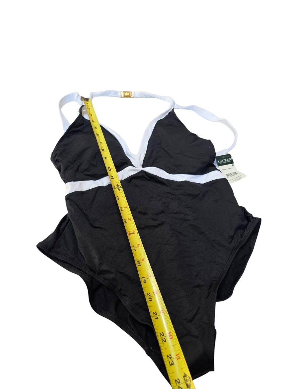 Lauren Ralph NEW Halter V-Neck Backless 12 Black White 1PC Swimsuit Colorblock - Picture 13 of 16
